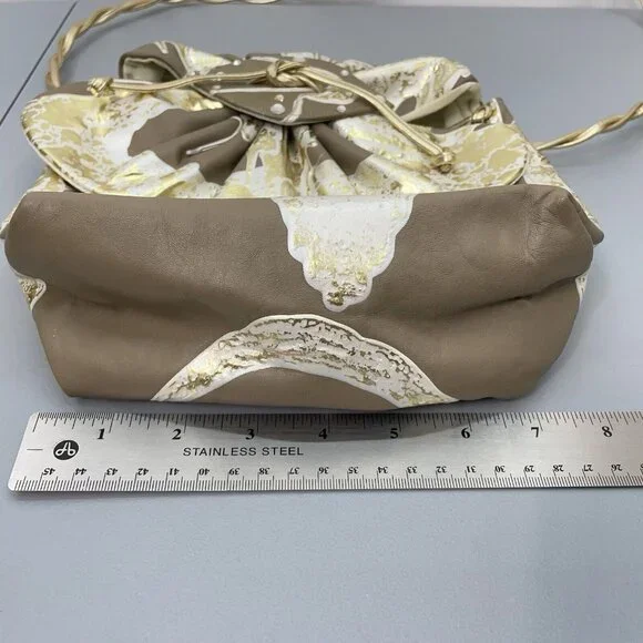 Vintage 80s Terry Toni Shoulder Bag Purse Hand Painted White Gold Leather Brown - Picture 15 of 16